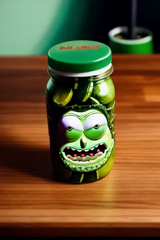 hyper-realism Pickle Rick laying on a table from the rick and Morty show
