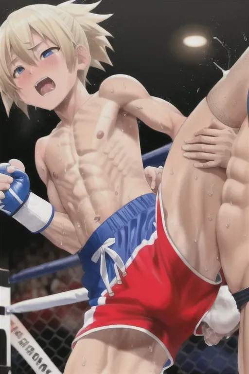 <lora:dpmg_licking:1>, a blonde and tanned shota in muay thai shorts, gets fucked by an older Brunette fighter, ahegao, topless, barefeet, sweaty, doggy style, 1boy, 1man, anal sex, boxing ring