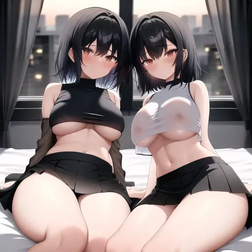 wide shot, 2girls, fit, on their knees, very short skirt, crop top, black clothes, see through clothes, on the bed, view from the front, medium hair, sunrise, happy, 20 years old, blushing, underboob, dpmg_lesbians_v2, dpmg_kissing_v2