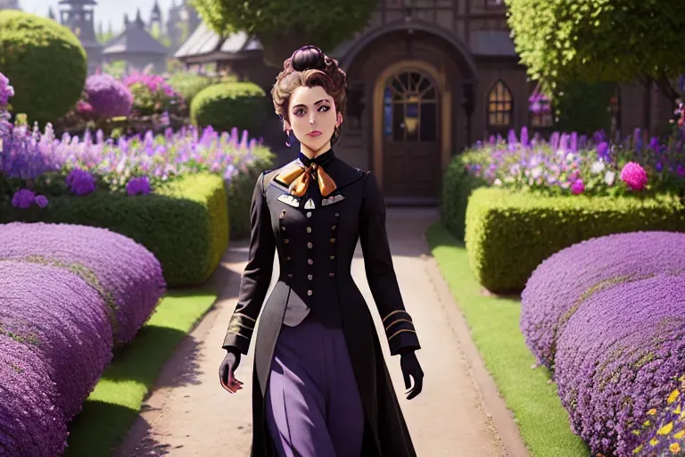 a digital painting of,violet evergarden,wearing willy wonka,walking,in the garden,five fingers per hand,updo hair,charming face,beautiful lips,black eyes,curved eyebrows,joyful,tattoo,8k,unreal engine,highly detailed,ultra realistic,professional