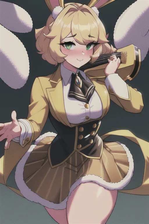 (masterpiece:1.2), (best quality), (ultra detailed), (8k, 4k, intricate),(full-body-shot:1), (highly detailed:1.2),(detailed face:1.2), (detailed background),detailed landscape, (dynamic pose:1.2), <lora:pixel_art:0.7>((pixelart)) furry bunny female furry bunny only, looking at viewer, short hair, bangs, blonde hair, shirt, hair ornament, closed mouth, green eyes, upper body,solo short furry bunny furry, small breasts, golden blonde furred furry blonde fur, professional striped black and white shirt and attire with skirt, black animal bunny nose ,bunny nose, soft bunny golden fur, big bunny ears with fluff coming out of them, androgynous very cute, green eyes beautiful shimmering eyes , well groomed kept up, bard, squire, paranormal investigator , big cotton ball tail bunny ,lyre instrument , bard singing a song, song and music notes around, absurdres ((masterpiece))