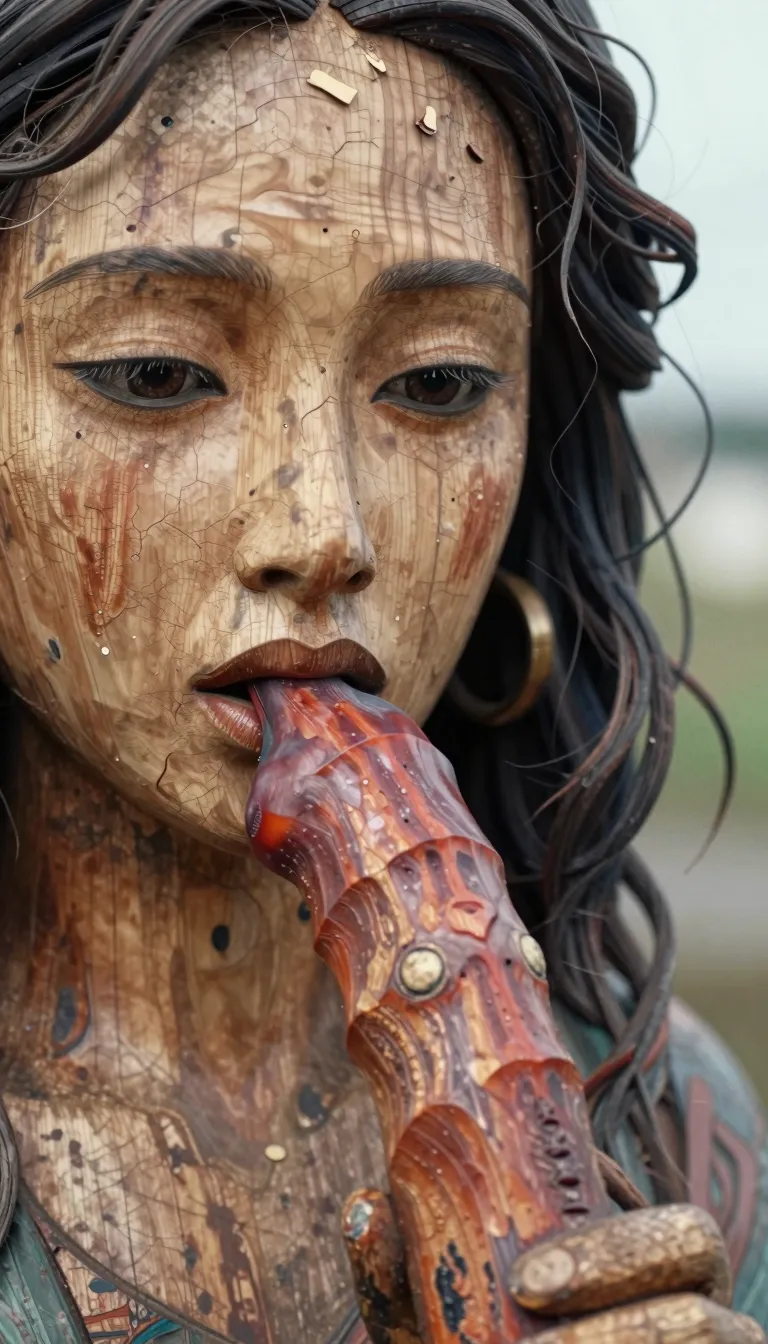 (A (wooden statue) depicting a (woman licking a veinous penis)) is standing in a paved place. The wooden statue shows only ((the face of the woman) and (the penis that she is licking)). The statue is made of wood only. It has ,o colour but the colour of the wood.
The statue is 4 meters tall. ((Realistic texture of wood)).
((close-up face))