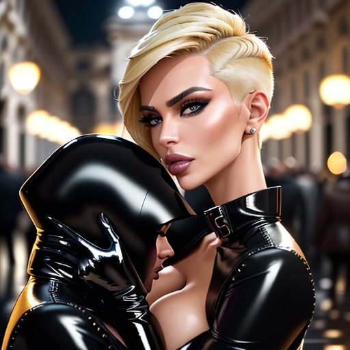 Visualize an image featuring a 25-year-old woman with a short, punk-inspired blonde haircut reminiscent of a young Kim Kardashian. She is clad in a sleek black PVC raincoat. Surrounding her are three pairs of female hands delicately touching her, creating an intimate and captivating scene. The shiny texture of the raincoat enhances the visual appeal, adding a touch of allure to the overall composition, walking the street of Milan Italy galleria vittorio emanuele by night , bokeh, canon 50 mm, f:1.2 side view from behnd, darker face