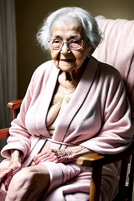 (great grandmother),(nude),(90 years old), sitting in rocking chair, legs open, wearing bath robe , (showing pussy)