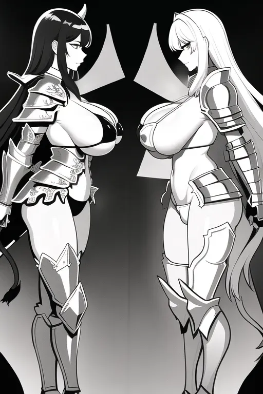 A highly detailed illustration of,(a cum battle),(two Big breasted cow maiden),(bikini Armor broken),(Sword fight),(wide shot),(beautiful faces),