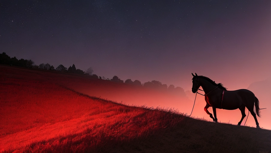 A team of 2 horses, harnessed to a 19th century hearse on a hill. A red glow emerges from the hearse. There is a night sky