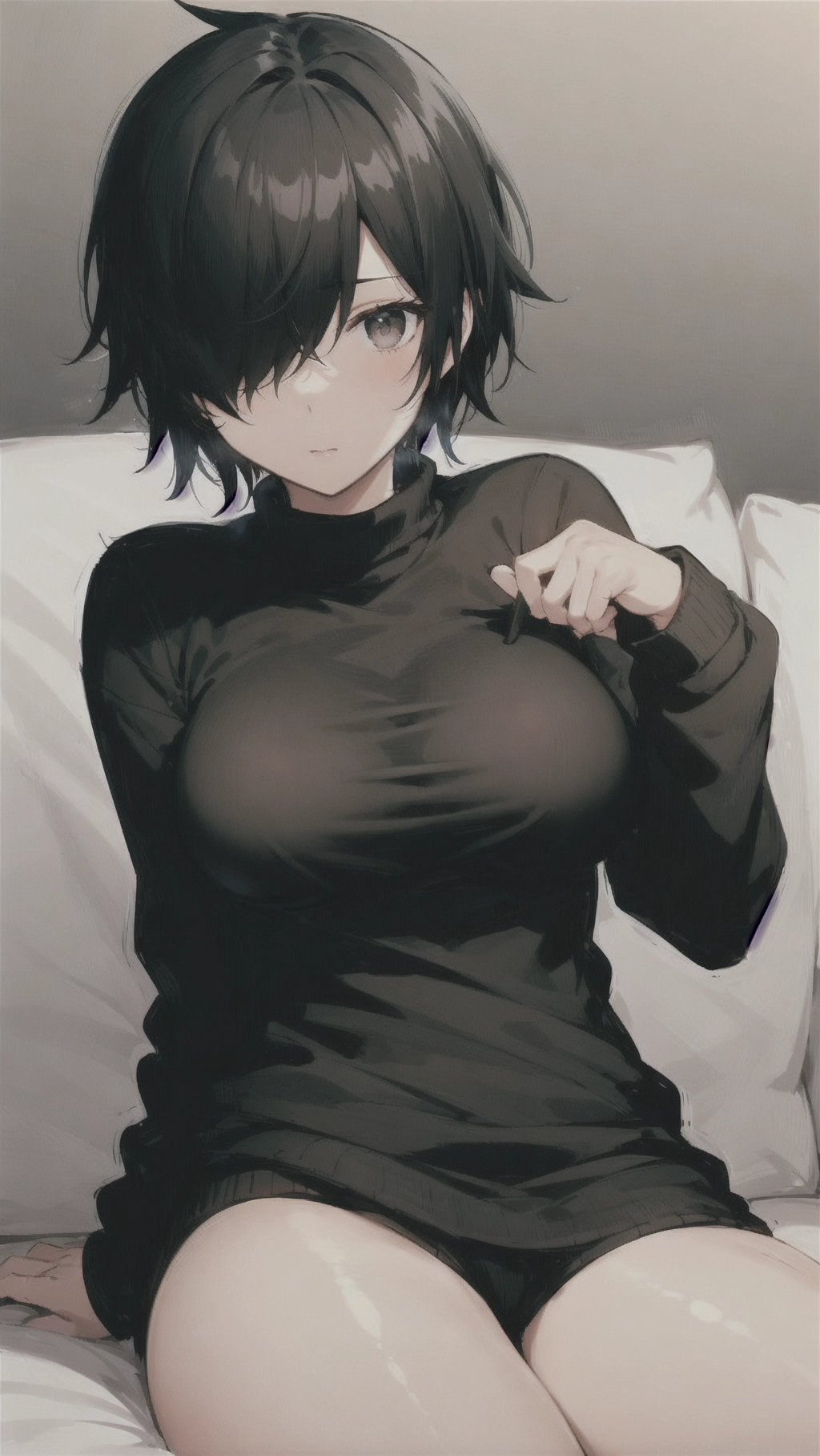main character, a female, short black hair, hair covering one eye, small boobs, black sweater, sweatpants, sitting on a couch, cozy living room, close up