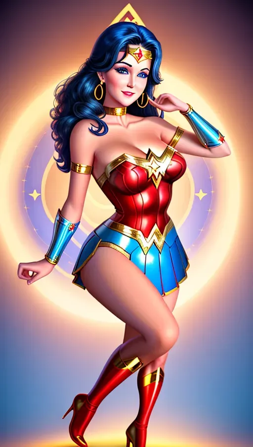 Wonder Woman as Lynda Carter, she is smiling brightly, young and beautiful with soft chin, detailed wonder woman red and gold costume with realistic fabrics, blue skirt, raytracing hd lighting, stiletto high heels, the setting is fantasy greek olympia, intricate fingers, sparkling blue eyes