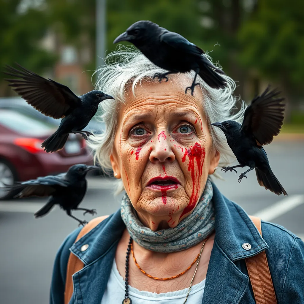 60 year old woman attacked by blackbirds birds in a parking lot, bloody face