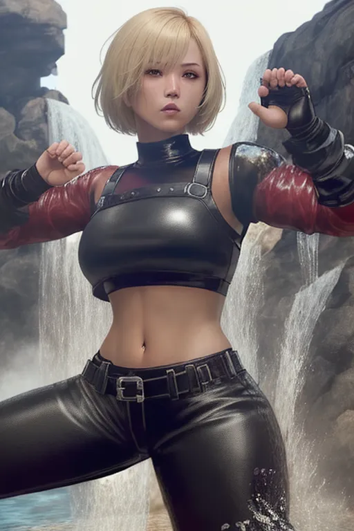 black desert online, fantasy human female martial artist, short blonde bob cut hair, wearing a dark red crop top and black leather pants, waterfall background, martial arts stance, martial arts pose, caucasian facial features, mature beautiful face,