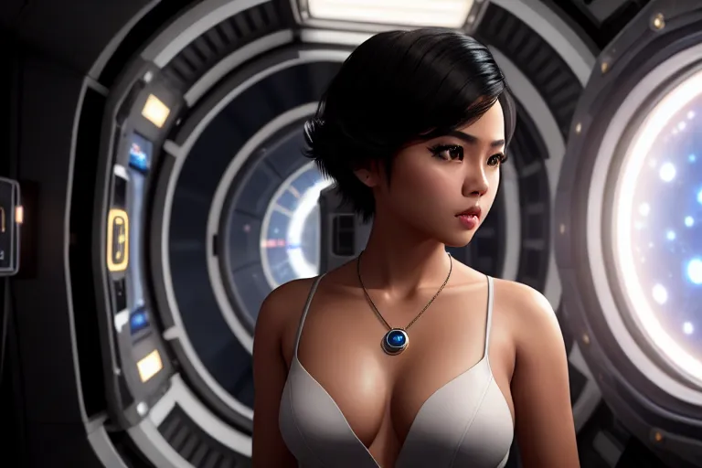a photograph of,a philippine girl,wearing police clothes,walking,in the space station,amazing breasts,five slender fingers,short hair,beautiful face,beautiful lips,detailed large eyes,curved eyebrows,curved eyelid,smooth skin,cosy,wearing necklace,bokeh,highly detailed,ultra realistic,cinematic lighting,unreal engine