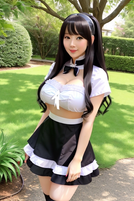 long hair, pale skin, pink hair, blue eyes, black choker, giant H-cup breasts, wavy hair, maid uniform, smiling, full body photo, 28 years old, miniskirt, cleavage, high heels