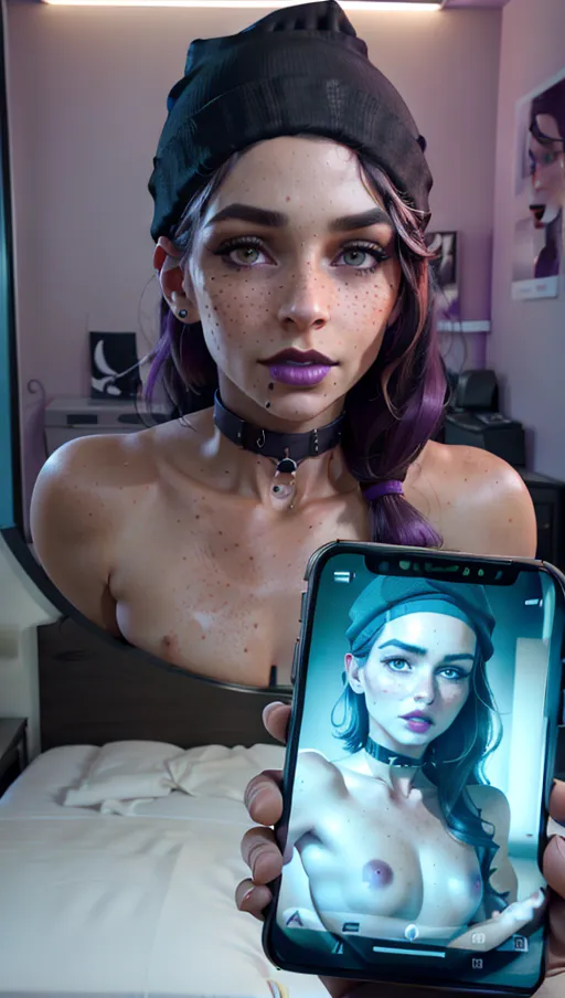 photorealistic, 8k, accurate face, (((detailed face))), (((replicate inspiration face))), freckles, black lipstick, wearing black beanie, collar,
<lora:dpmg_photo_compare:1> ,phone, cellphone, smartphone, holding, Nude,
location is bedroom with purple lighting, movie posters on wall, messy bed,