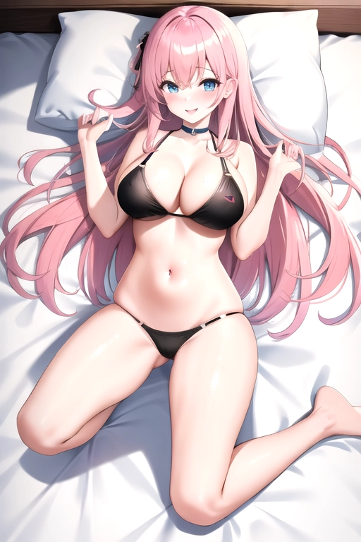 long hair, pale skin, pink hair, blue eyes, black choker, giant H-cup breasts, wavy hair, lying on bed, naked, smiling, full body photo, 28 years old