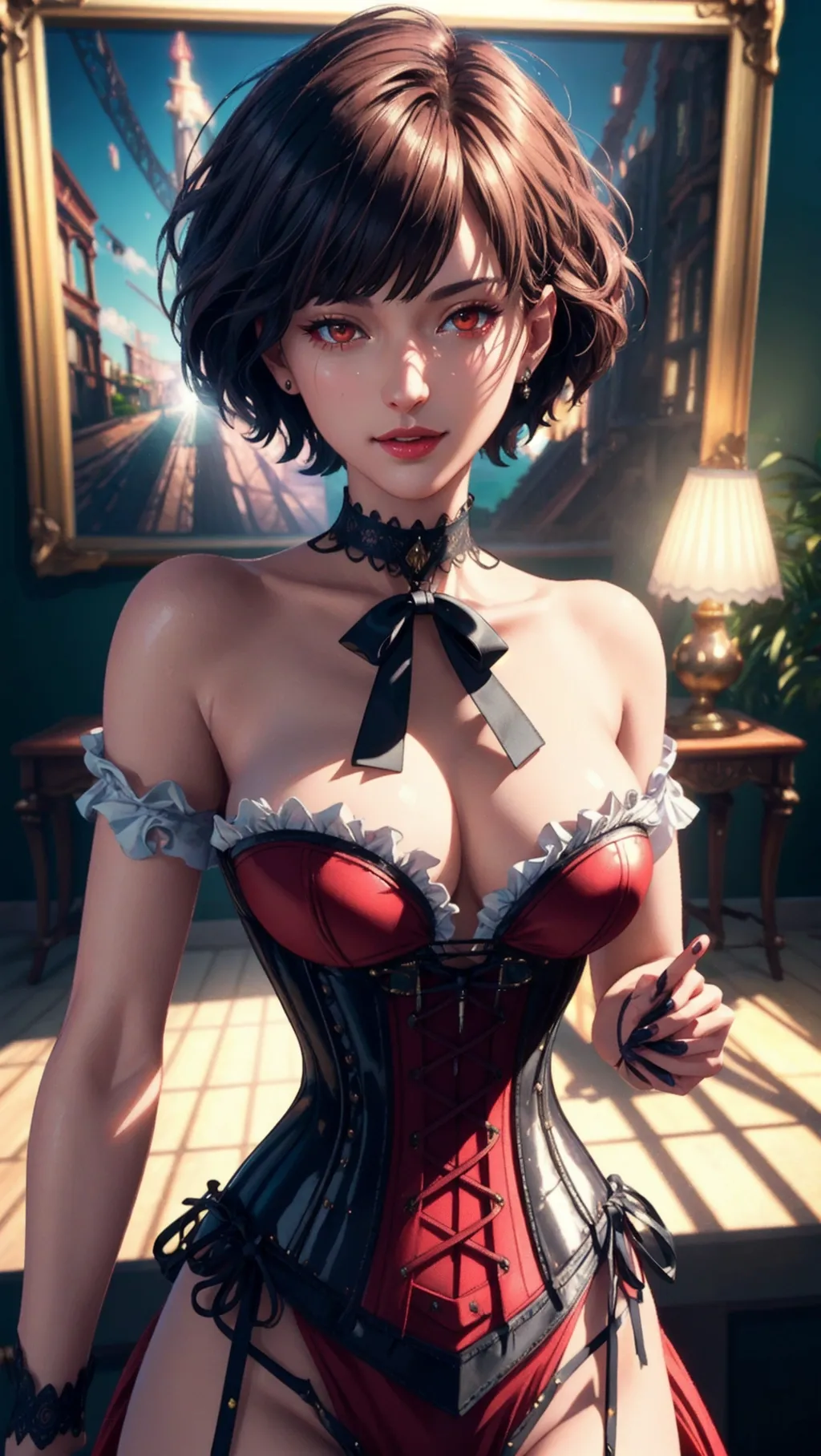 (Best quality, high quality cinematic film wallpaper, high res, 4k, HDR, UHD), 1 adult woman, (a breathtaking masterpiece extreme close up portrait of a womanlounging casually in a victorian era manshion), (messy short brown hair in a bob cut with straight fringe, victorian style red corset, black choker:1.2),
(correct slender human anatomy, victorian style red corset), (extremely detailed red eyes looking at viewer:1.27), (extremely detailed view of her realistic face with smug expression:1.25), (beautiful detailed full lips smiling smugly:1.3), (extremely zoomed in detailed view of her realistic face:1.27),
(Warm atmosphere vintage film scene), high contrast, (lounging casually in a victorian era photoshoot), hyperrealistic skin with pores and blemishes, five slender high quality fingers, niijima makoto from persona 5,
((muted colours:1.27)), close up cinematic composition view of a woman in a victorian era photoshoot, soft focus, sharp and clear image, (candid:1.1), (flat shading stylised art:1.07), <lora:dpmg_add_detail:0.55>, (physically-based ray tracing, photon mapping, photorealistic:1.45), ((high resolution masterpiece, 4K, HDR, UHD:1.45))