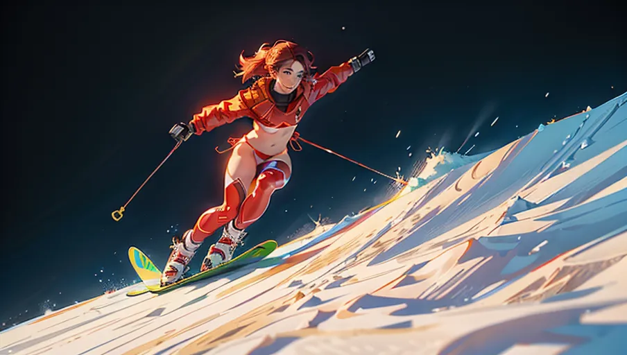 A digital photograph, professional photograph of, 1 beautiful woman of twenty in ((((micro:1.4) (red and gold) bikini))) is (skiing) down a slope (((on a snowboard))) in the Alps, (smile:1.3), beautiful blue green eyes, squatting on the snowboard, beautiful lips, (beautiful face), perfect amazing breast, perky breast, hard nipples, highly detailed, ((no coat)), close-up, soft edges, ((clear lines)), <lora:dpmg_add_detail:0.8>, (cinematic lighting:1.3), ((cinematic composition)), 8k, HDR, (highest quality:1.8), highest resolution, (photorealist:1.72), (photorealism:1.72), (masterpiece:1.18), --s 250 --niji