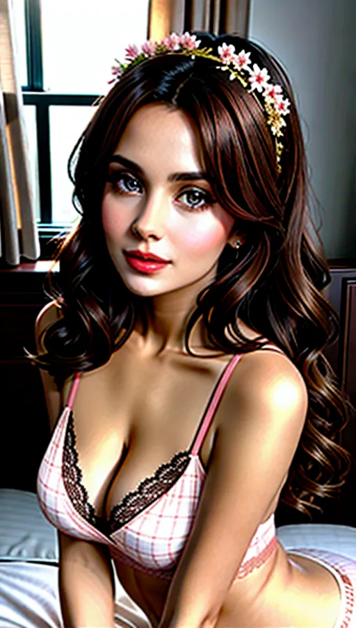 A beautiful 38 year old woman, with long dark brown messy hair, wearing a form fitting plaid T-shirt and pink lace panties, elegant and warm, crawl on bed, looking directly into camera, arms crossed over her head. Lighting is soft natural light, full body, super detailed, slight smile, with blue eyes, larger than average boobs, and curvier waist, seductive eyes, welcoming demeanour, inviting look, flower headband, gold bracelet, 8k