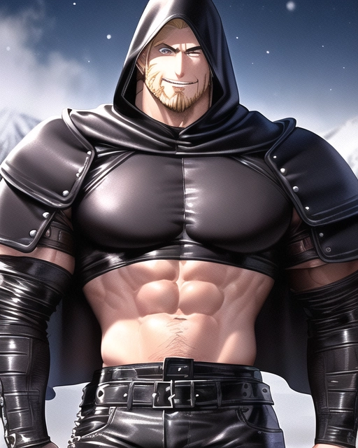 Prompt_1_high_priority. 1 strong man traversing artic mountains and snow at night. Medieval times. Clean-cut (brown-blonde) hair. ((Light chin facial hair)). Menacing eyes,
Prompt_2_high_priority. Standing menacesly with a smirk on his face. Wearing ((<black>_light_leather_armor and leather_pants.)) Demonic warrior. Appearing well traveled. Traveling hood, (leather chest armor)
Prompt_3_high_priority. HDR. vivid colors. high detail, Kentaro Miura