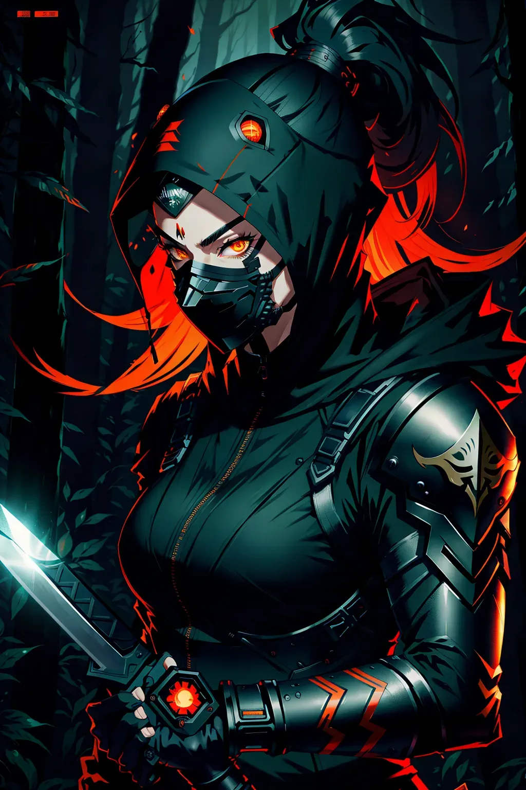 Ninja, full face mask, black, glowing orange accents, with a sword, female, 8k wallpaper, best quality, ultra hd, global lighting, hi-resolution, high quality, highly detailed, in a dark forest