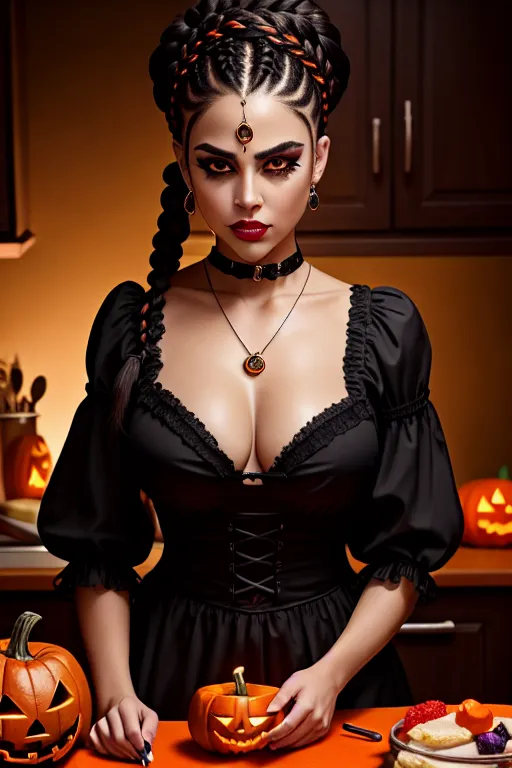 a photo shot of,yor forger,wearing halloween clothes,kneeing,in the kitchen,five fingers per hand,braids hair,gorgeous face,beautiful lips,black eyes,curved eyebrows,curved eyelid,textured skin,romantic,wearing necklace,sharp focus,cinematic lighting,bokeh,ultra realistic,unreal engine