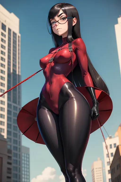Violet Parr, Violet Parr from Incredibles, red suit, full body, 1 girl, Hanged at the neck, BDSM, no clothes from her thighs
