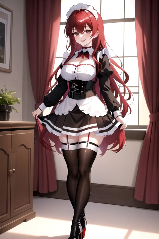 long hair, pale skin, bright red hair, brown eyes, black choker, giant H-cup breasts, wavy hair, maid uniform, smiling, full body photo, 28 years old, miniskirt, cleavage, high heels, red corset, 8k quality, red thigh high boots, in living room