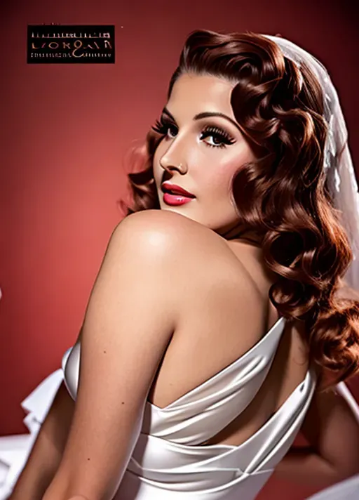 a professional editorial photograph of Sophia Turner as Rita Hayworth, Auburn hair, wearing white strapless dress, head to hips portrait, professional, smooth. ultra realistic. sharp focus, sexy pose. perfect makeup. perfect lips, perfect eyes.