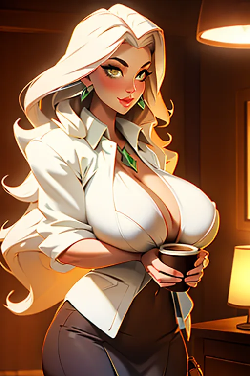 milf, ((gigantic boobs)), ((oversized boobs)), naked, indoors, holding a coffee cup, detailed face, detailed hair, perfect lightning, best quality, hd, photorealistic, full shot