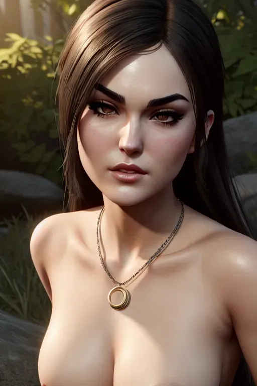 a photograph of,Sasha Grey,naked,squatting,outdoor, small breasts,five fingers per hand,fishtail hair,beautiful face,beautiful lips,curved eyebrows,curved eyelid,textured skin,satisfaction,wearing necklace,ultra realistic,artstation,surreal,cgsociety,unreal engine
