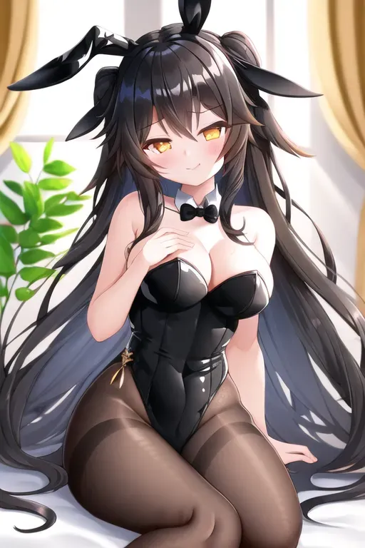 1girl,bedroom,cute,smug,golden eyes,black wavy hair,under 5 feet,large thighs,large hips,thin waist,black bunnysuit,black bunny ears,white bunny tail,5 fingers per hand,5 toes per foot,pale, professional,detailed background,sitting