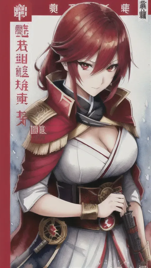 a woman in a detailed assassin costume with red eyes, Japanese text, (comic book cover), illustration, watercolor, (sketch), assasin clothes, gold red and white, white and red hair