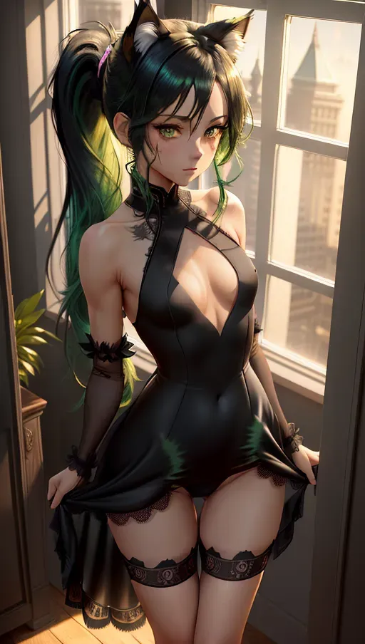 masterpiece, best quality, ((small breasts)), detailed background, fit woman standing by a large window, ((sexy black dress)), green hair in a ponytail, detailed golden eyes, thigh gap, exhausted, blushing, pussy outline, detailed pussy, cat ears, (fluffy tail),