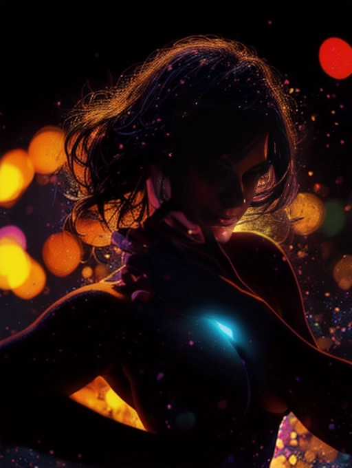 (((Silhouette))) Photo of Hot brunette woman in dark with neon bokeh floating around like snow flakes, low key rim light, ((uv light))((black light)) perky breasts, detailed photo in sharp focus, barely any light on females face, saturated color
((5 fingers each hand)) anatomically correct hands being run through hair
<lora:dpmg_add_detail:1>