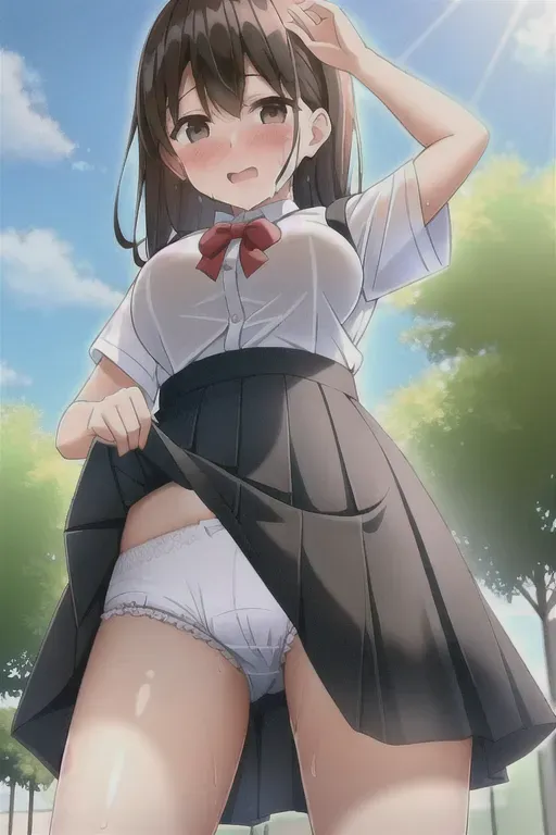 a girl in a skirt, wet diaper and shirt. She is lifting up her skirt to reveal her wet diaper. She is slightly embarrassed.