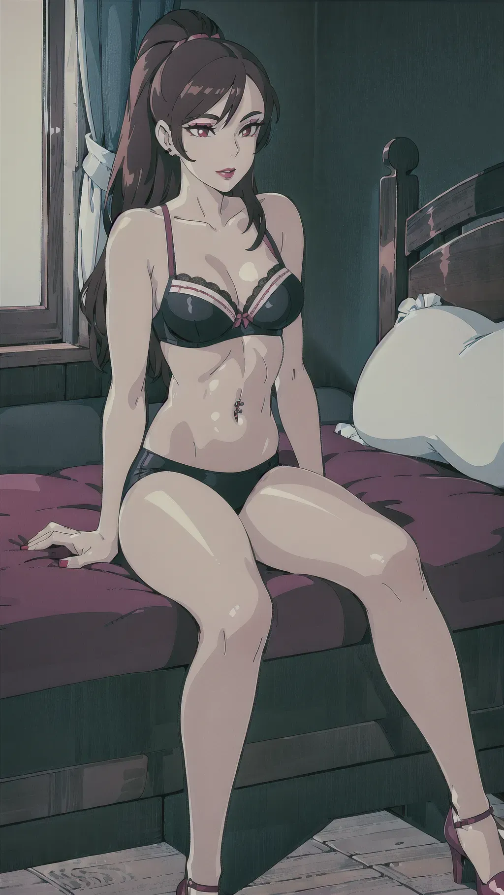 Sexy woman with brown hair sitting down cross legged on the floor, bedroom, Wearing a white lace bra, black bottoms, maroon lipstick, skinny, eyeliner, navel piercing, <lora:dpmg_ghibli_style:1>