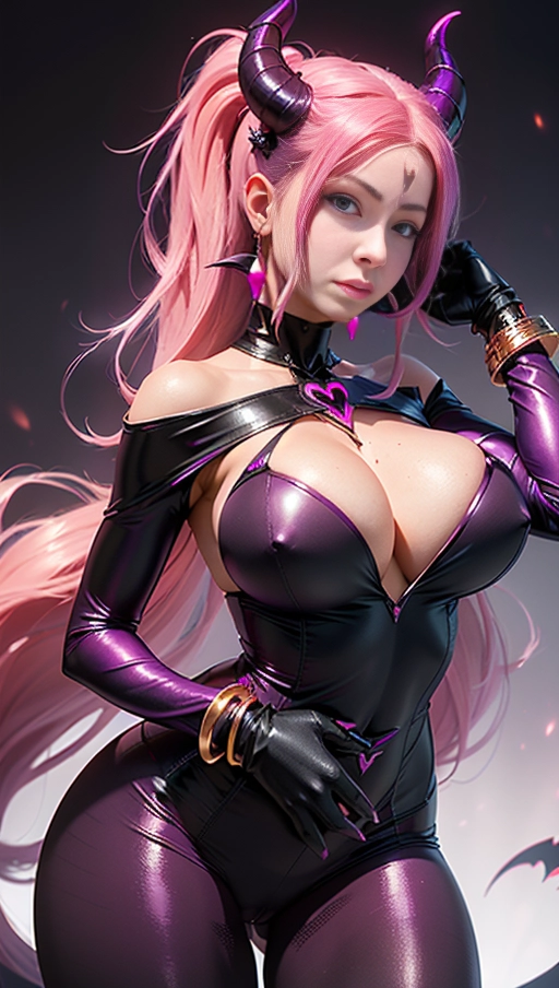best quality, (((ultra high res))), (((detailed face and eyes))), (perfect face), big shining heart choker, earrings, jewelry, (((big glowing succubus mark))), ((((big glowing succubus bodymark)))), (((conjuring))), (witch), ((long voluminous hair)), (((black gloves))), ((pink hair)), straight hair, (((golden bracelet))), ((single ponytail)), (((huge hair cuff))), ((skintight neckholder dress with low neckline)), ((face closeup)), purple, (burgundy red lipstick), (((neckholder top with low neckline))), ((((demon tail)))), ((long sleeves)), ((purple glowing heart)), (((cameltoe)))