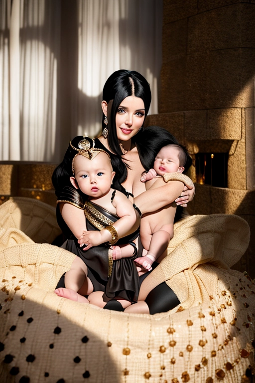 one woman with black hair, two children, an image of a warrior princess mom with two children one of two years and the other of one year, she is dressed as Xena, the baby of two years is blonde and the baby of one years is the son of Conan, with black hair