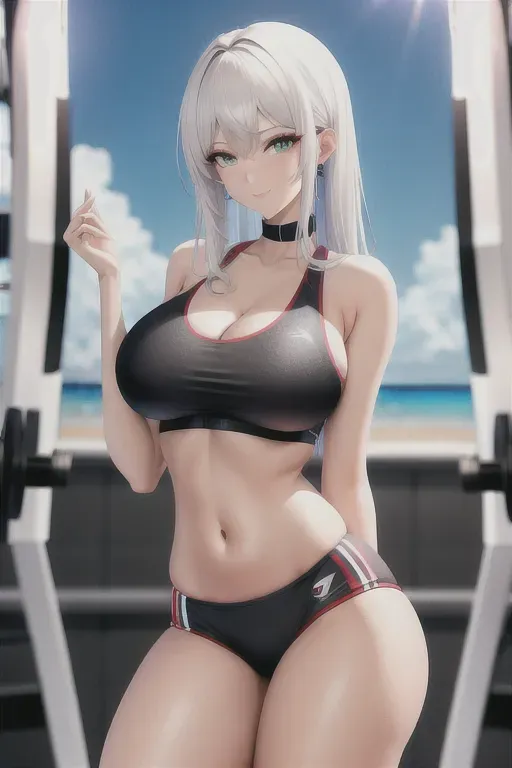 wide shot, 20 year old, an e-girl, slim, gym outfit, white, beach, day time, studio light, happy, 8k, professional