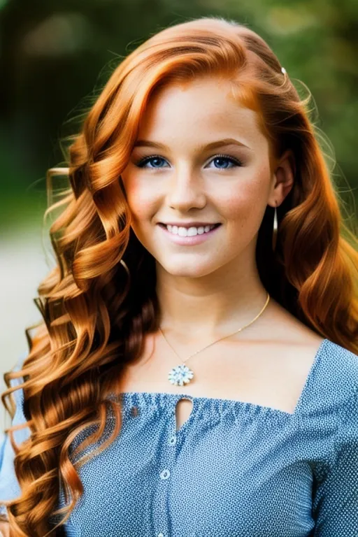 Headshot, A cute gorgeous tanned stunning ginger Irish redhead (young preteen) with long wavy hair