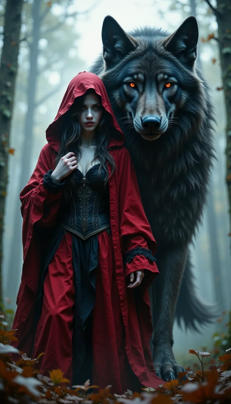 R3alisticF, Highly detailed and dramatic digital artwork featuring a young woman and a large wolf in a misty forest. The woman has pale skin and long dark hair, partially covered by a red hooded cloak. Her attire includes a corset and a flowing red skirt with black lace details. She stands confidently with one hand on her hip and the other touching her hood. The wolf beside her is enormous, with a thick, dark gray fur coat and striking red eyes, exuding a sense of power and mystique. The background is a foggy forest, adding an ethereal atmosphere to the scene. The image is detailed and vibrant, with a focus on the contrast between the red of the woman's cloak and the muted tones of the forest and wolf