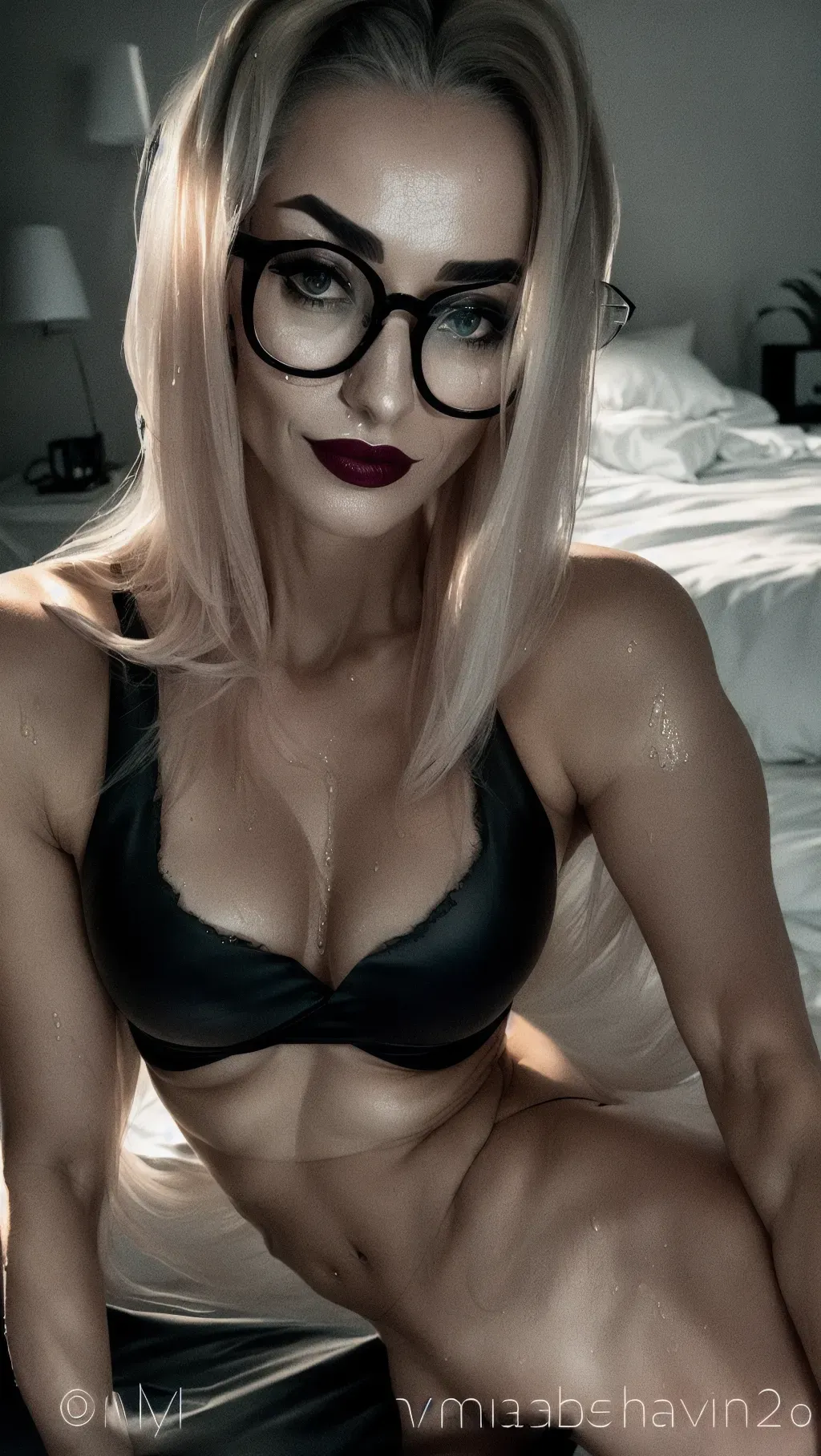 Blonde hair woman with glasses in the dark sitting on a bed, wet hair, crop top, miniskirt
