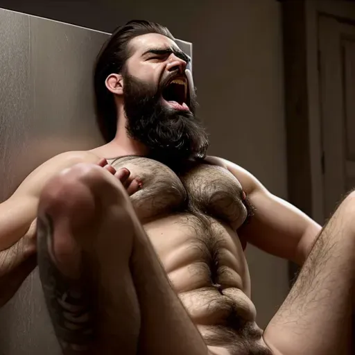 Hyperrealistic, dramatic, Naked bearded man with a pussy and breasts, butt fucked, screaming, crying, dick in his ass, rape, forced, tied down, full body
