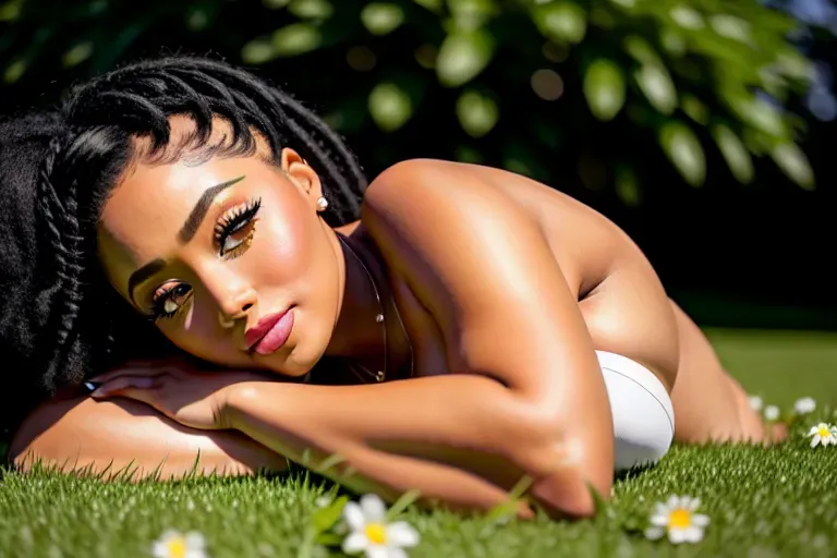 a photo of Doja Cat, laying in a very green field,laughing,chin raised,very detailed, ultrarealistic,4K,front,sharp focus, centered,butt focus,big butt,pretty detailed feet,beautiful face, beautiful lips,detailed large eyes,ultrarealistic skin texture,(((hyperrealism,insanely detailed,HQ,perfectionism,diffused lighting,indirect light,soft lighting)))
