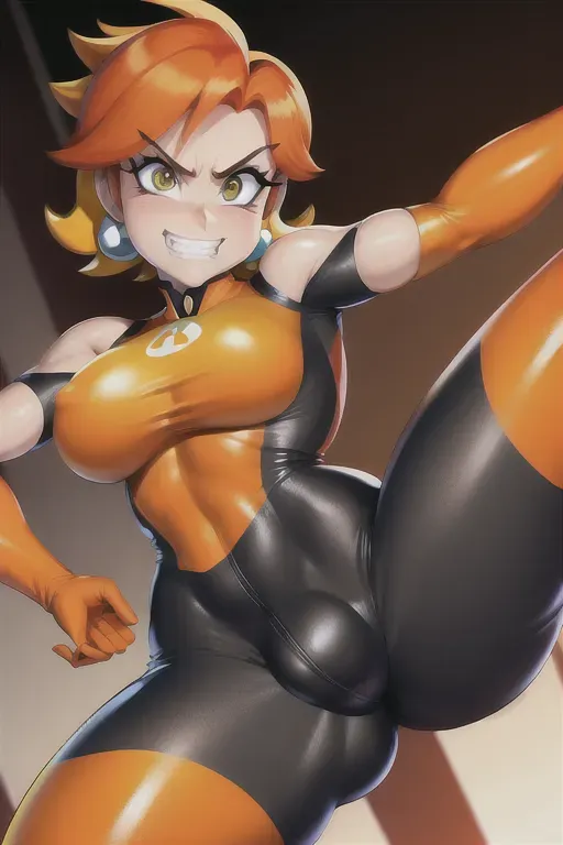Princess daisy, tight racing suit, Nintendo, orange hair, short hair, tomboy, angry, mad, evil grin, futanari, huge bulge in crotch,