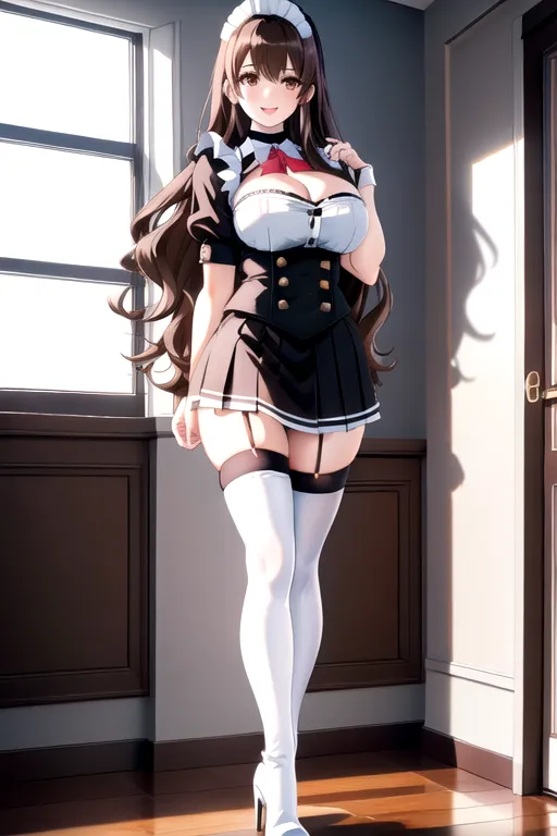 thigh high socks, miniskirt, maid uniform, brown hair, choker, brown eyes, pale skin, giant breasts, boots, cleavage, high heels, looking at viewer, walking across room, living room, 1girl, smiling, wavy hair, 8K, Full body photo