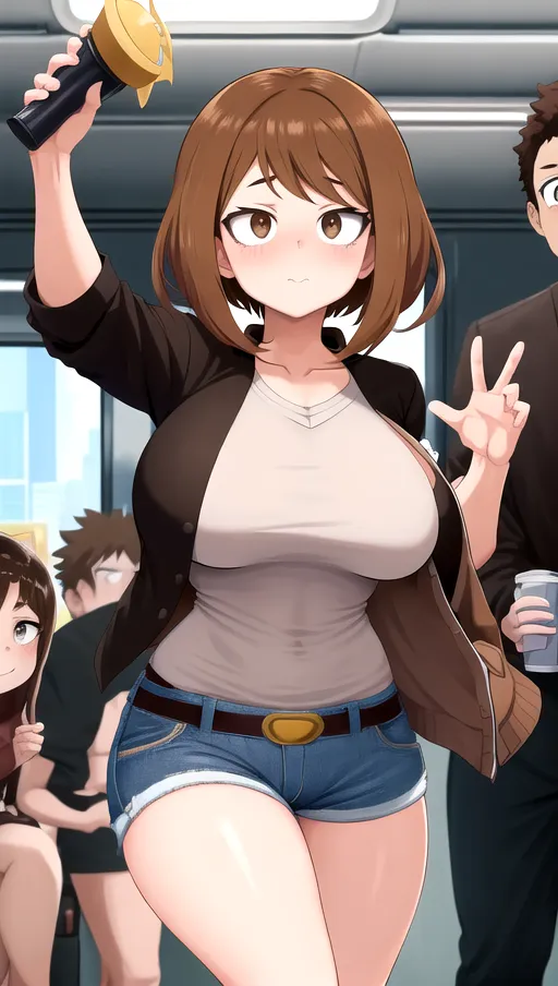 In the art style of my hero academia, 1girl, Ochaco Uraraka, sexy, gigantic saggy breasts, huge breasts, medium ass, short brown hair, brown eyes, in a city, on a crowded train, black v-neck shirt, no bra, brown jacket, skin tight jean shorts, taken from behind, ass focus