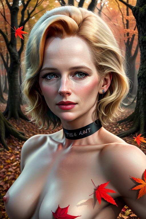 (Best quality), high quality cinematic film, an adult woman, (a breathtaking masterpiece of a portrait of a naked young ((Margaret Thatcher)) standing seductively, (blonde hair, nude with choker:1.2),
Beautiful body, (extremely detailed view of realistic happy face with confident expression:1.18),
Soft natural lighting in forest with red autumn leaves, hyperrealistic skin,
a close up portrait of an adult woman in forest with red autumn leaves, soft focus, sharp and clear image, (flat shading stylised colorful art:1.07), <lora:dpmg_add_detail:0.35>, (physically-based ray tracing, photon mapping, photorealistic:1.35), (high resolution masterpiece, 4K, HDR, UHD:1.45), <lora:dpmg_muscle_girl:0.55>