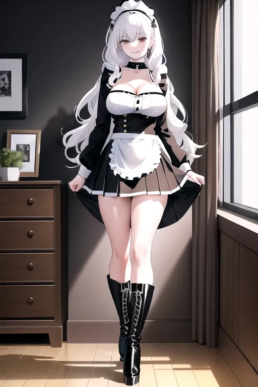 miniskirt, black maid uniform, white hair, choker, brown eyes, pale skin, giant breasts, boots, cleavage, high heels, looking at viewer, walking across room, living room, 1girl, smiling, wavy hair, 8K, Full body photo, slim body