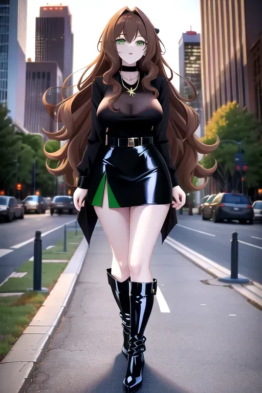 full body, chestnut hair, green eyes, short girl, green miniskirt, black high heel boots, looking at viewer, long hair, pale skin, black necklace, black blouse, 24 years old, big breasts, cute face, pov, wavy hair, city environment, Oklahoma City