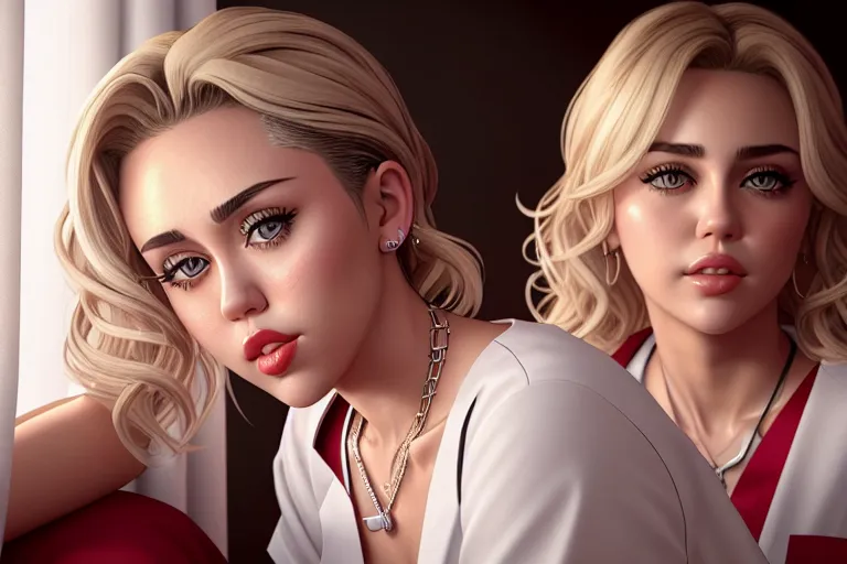a color pencil draw of,miley cyrus,wearing nurse clothes,lying,at the party,small breasts,five slender fingers,wavy curtain bang,gorgeous face,beautiful lips,detailed large eyes,curved eyebrows,textured skin,wearing necklace,ultra realistic,artstation,highly detailed,studio lighting,sharp focus